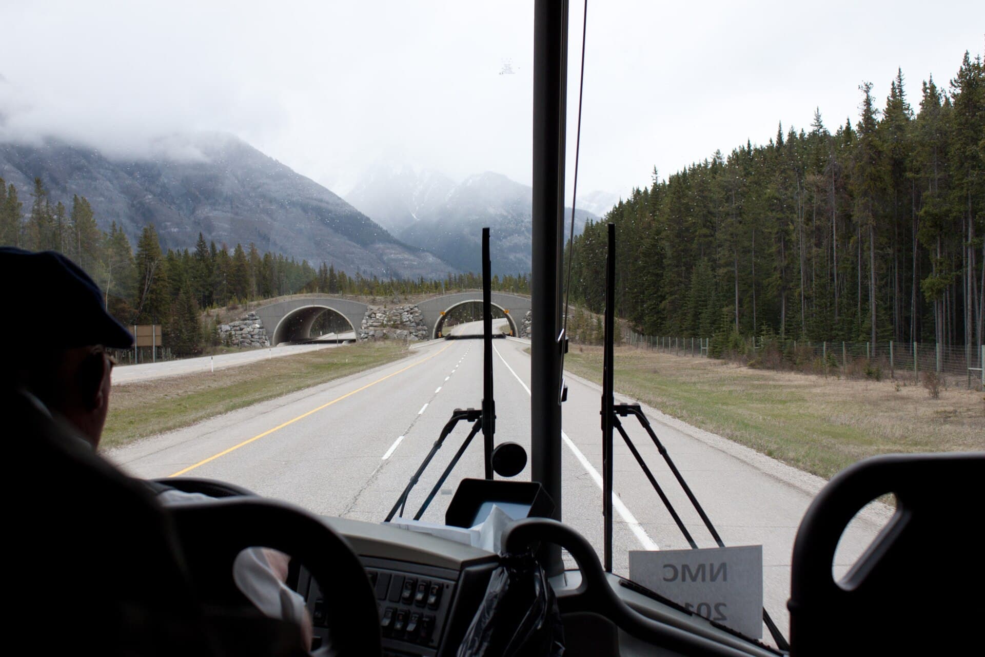 A vegetated wildlife overpass on a mountain highway.